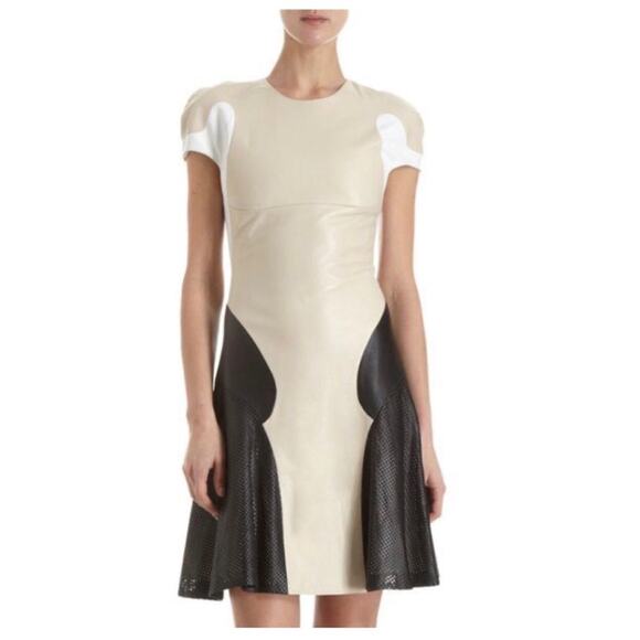 Ohne Titel Lamb Leather Fit & Flare Beige and Black Dress - Picture 1 of 7
